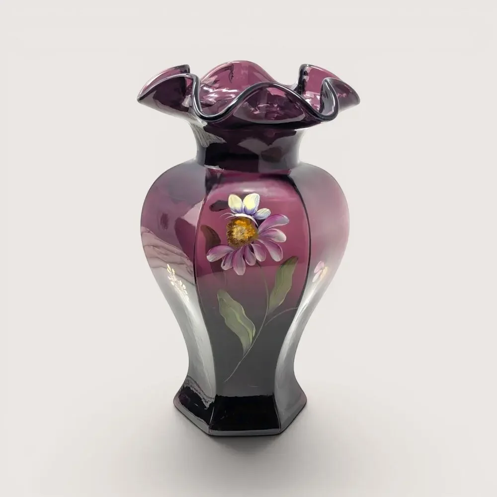1990s Fenton Mulberry Amethyst Glass Ruffled Vase Hand Painted S Hughes